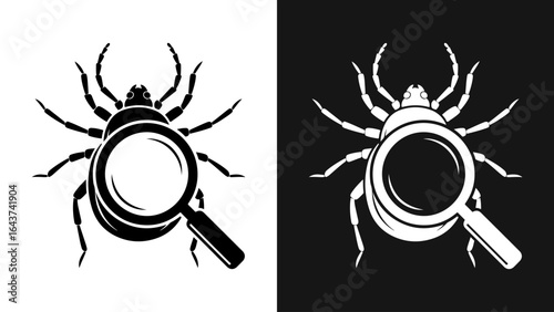 Black and white vector illustration of a tick or mite with a magnifying glass, symbolizing insect inspection, pest control, or scientific research.
