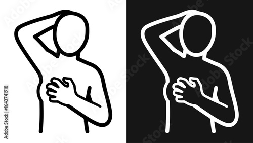 Minimalist vector line art icon of a person performing a breast self-examination for health awareness and cancer prevention.