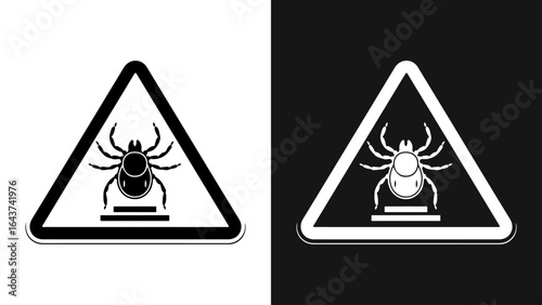 Tick insect warning sign icon in a black and white vector illustration, indicating danger and caution for health and safety.