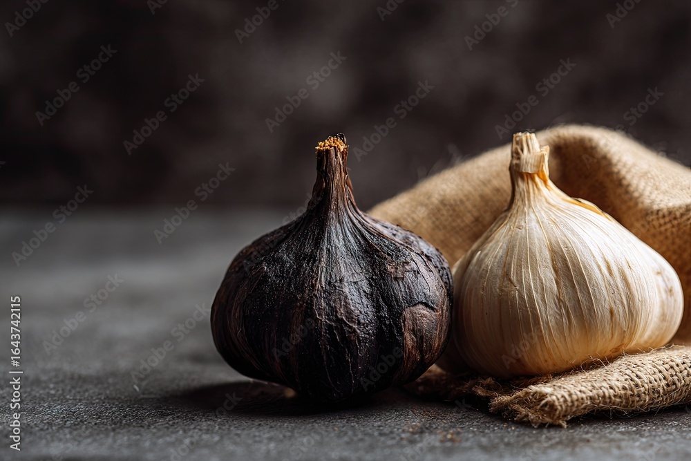 Obraz premium Close-up of a black and a white garlic bulb resting on burlap, set against a dark background