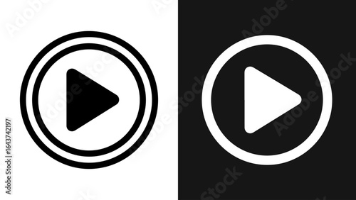 Play button icon, vector illustration on black and white background. Simple multimedia symbol, minimalist graphic design element.