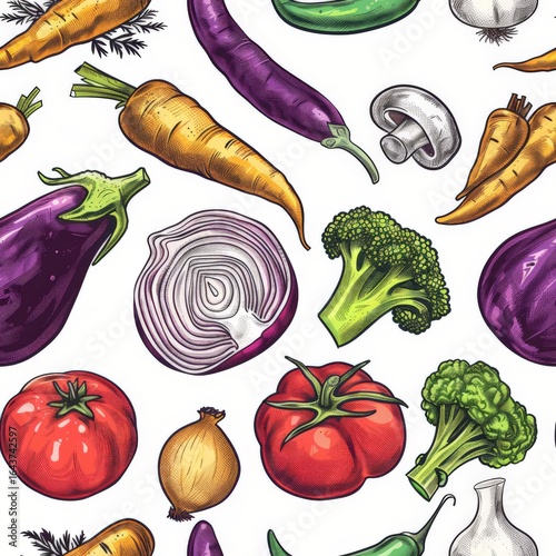 Fresh vegetables seamless pattern. Farm organic food concept. Background vector illustration