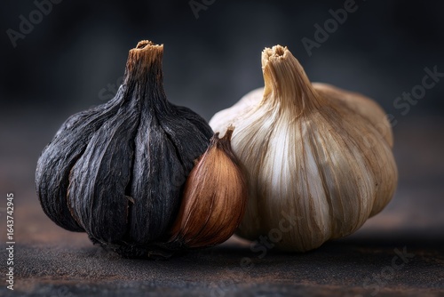 Wallpaper Mural Close-up of a black garlic bulb, a brown garlic clove, and a white garlic bulb on a dark surface Torontodigital.ca
