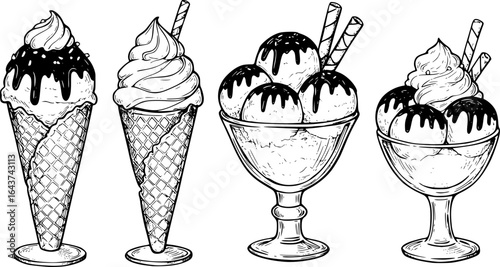 Ice cream vector sketch desserts. Hand drawn wafer cone, gelato, chocolate glazed, sundae, and ice cream served in a glass bowl. Transparent background PNG cutout 