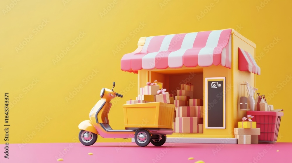 Fototapeta premium E-commerce idea featuring a delivery service via mobile app, with transportation by truck or scooter. 3D render.