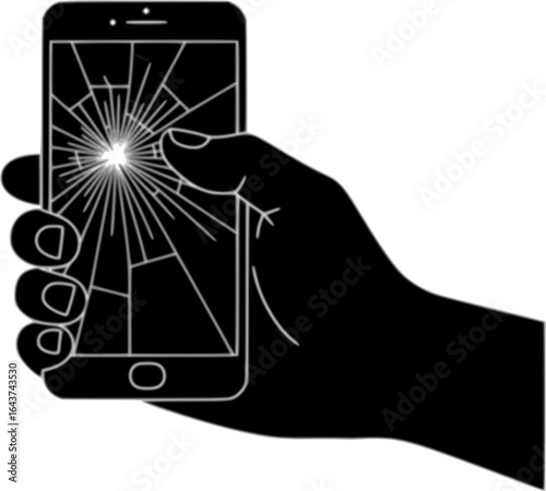 Hand Holding Broken Smartphone Solid Black Silhouette Vector on White Background