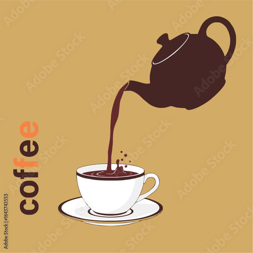  Pouring Coffee
: A minimalist illustration of a dark teapot pouring coffee into a white cup on a saucer. The coffee splashes slightly in the cup, creating a dynamic effect. The word "Coffee" is writt
