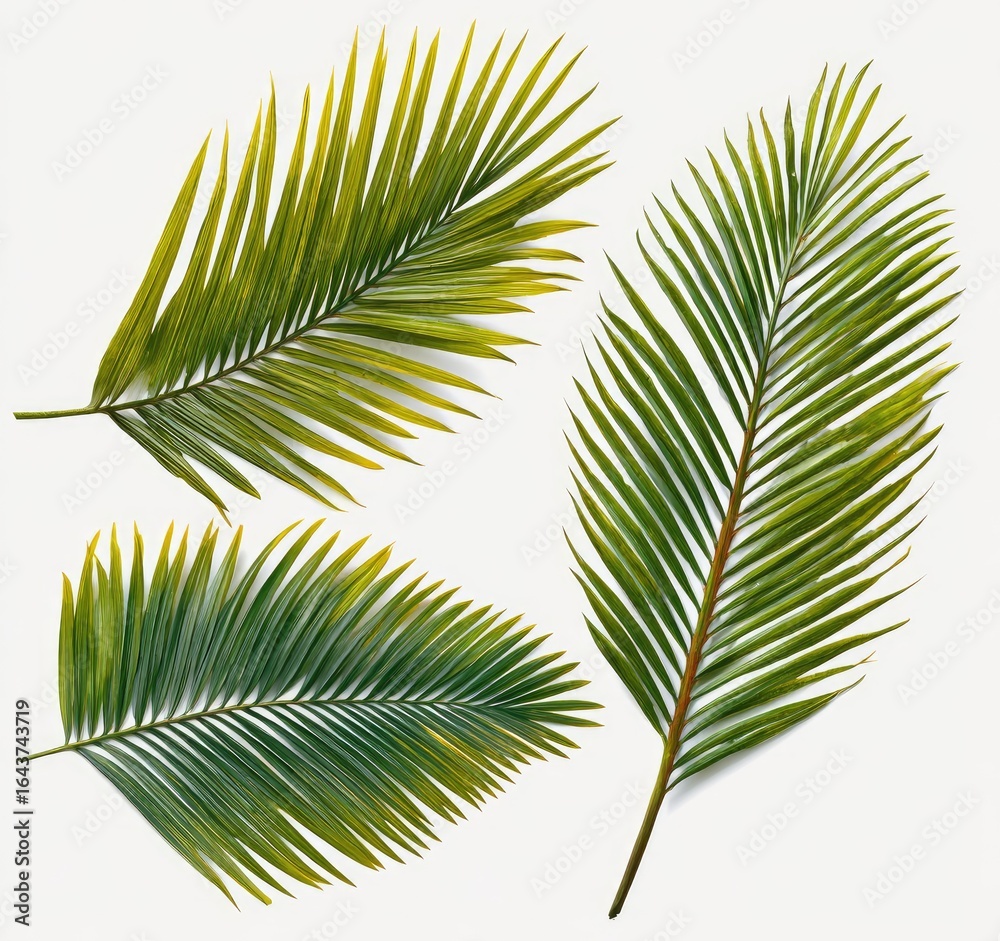 Obraz premium Four vibrant palm fronds, varying in shades of green and yellow, isolated on a white background, showcasing their delicate textures and elegant shapes