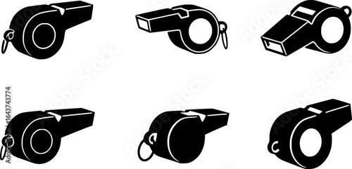 Whistle icon set. Whistle icon collection. Soccer or football match referee whistle vector icon. Trainer coach blow whistle emblem. Vector Illustration. 