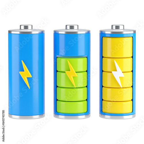 Three battery charging status indicators level on transparent background