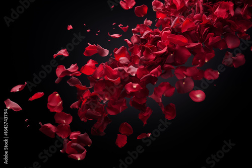 Red rose petals falling on a black background