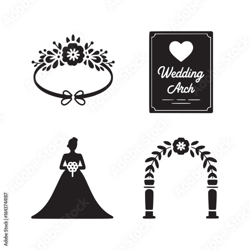 A collection of wedding themed vector graphics featuring a bride arch and floral elements in black and white