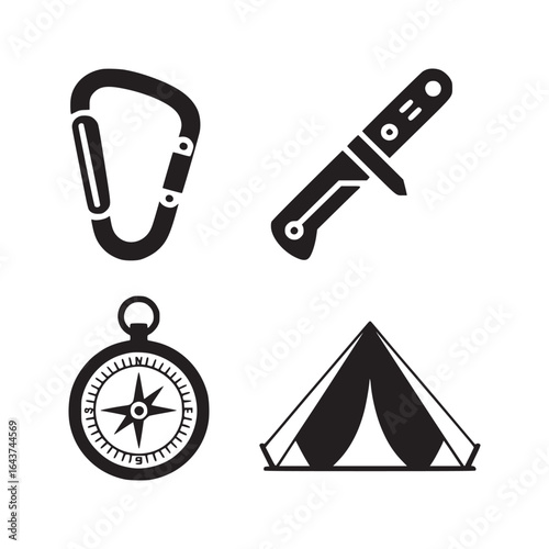 A black and white illustration of camping gear including a carabiner knife compass and tent