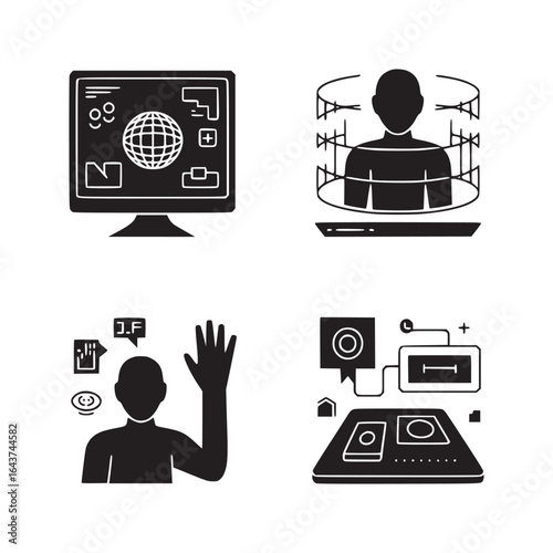 Four black and white icons depicting technology, human interaction, and virtual reality concepts