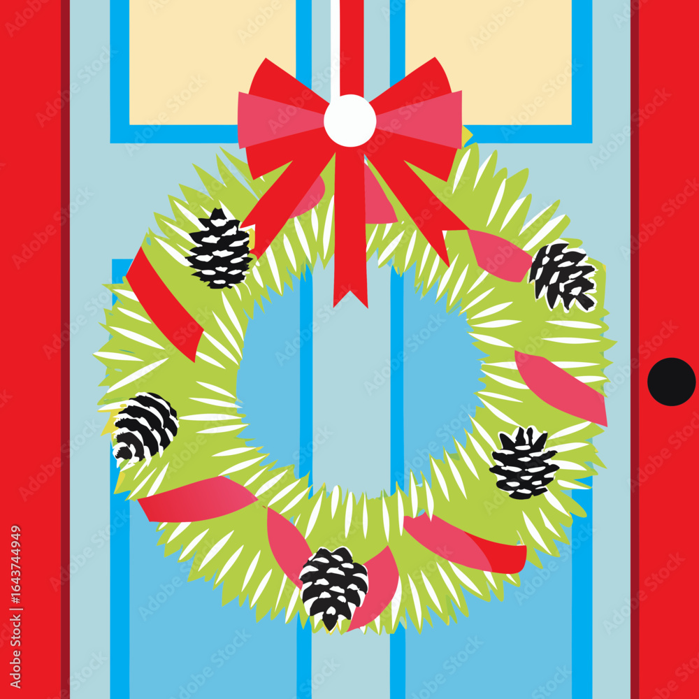 Fototapeta premium Christmas wreath with pinecones and red bow hanging on door. 