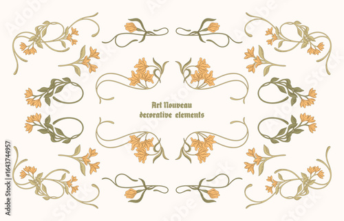 Art Nouveau floral frames, corners, and borders. Vector.