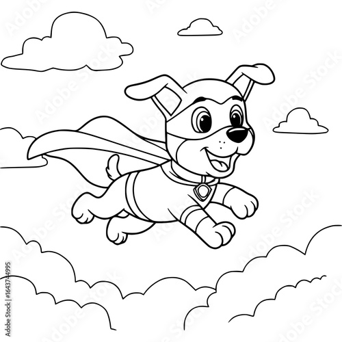 A superhero puppy wearing a cape coloring page