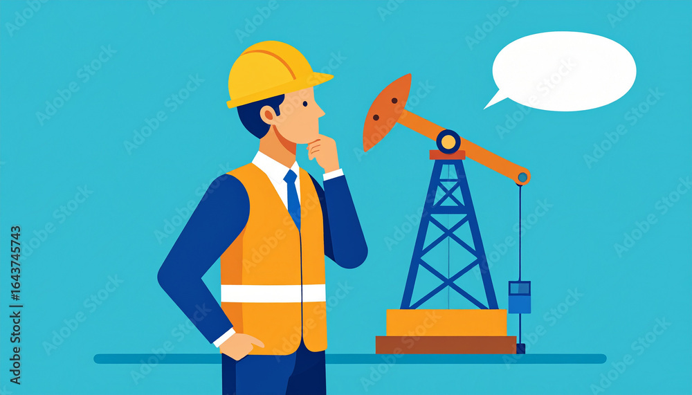 An engineer thoughtfully observing an oil pump and imagining the energy transition. He stands with a thoughtful expression, the gears of innovation turning in his mind An engineer thoughtfully observing an oil pump and imagining the energy transition. He stands with a thoughtful expression, the gears of innovation turning in his mind