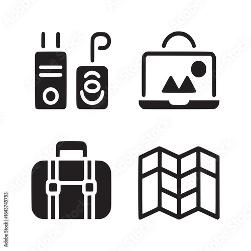 A collection of travel icons including a charger, luggage, laptop, and a map in black and white