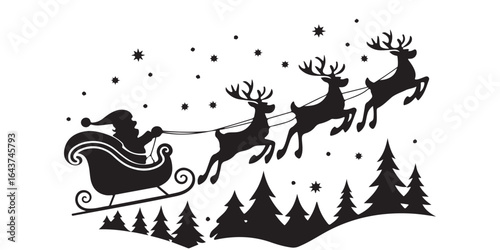 Santa Claus on sleigh flying sky with reindeers black vector silhouette , Silhouette of santa claus