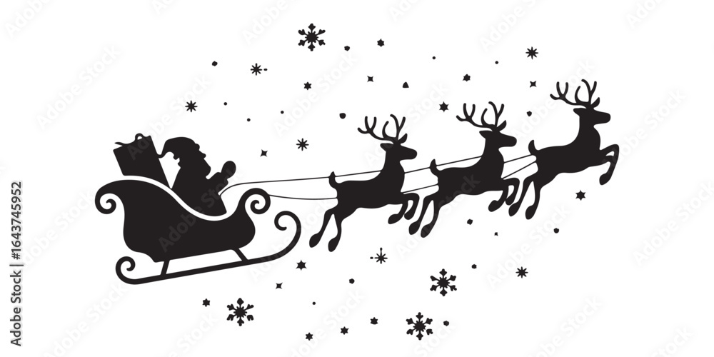 Naklejka premium Santa Claus on sleigh flying sky with reindeers black vector silhouette , Silhouette of santa claus