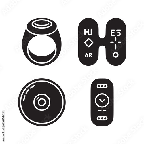 A black and white illustration of a ring, gear shift, disc, and a remote control in a pattern