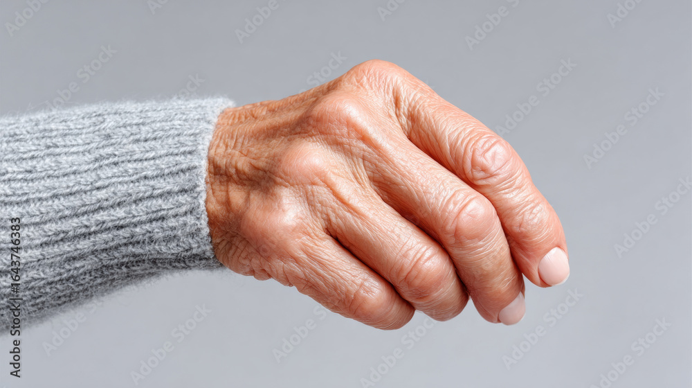 Fototapeta premium Close up of aged hand with visible veins, wrinkled skin, natural nails, and gray sweater, isolated on neutral background