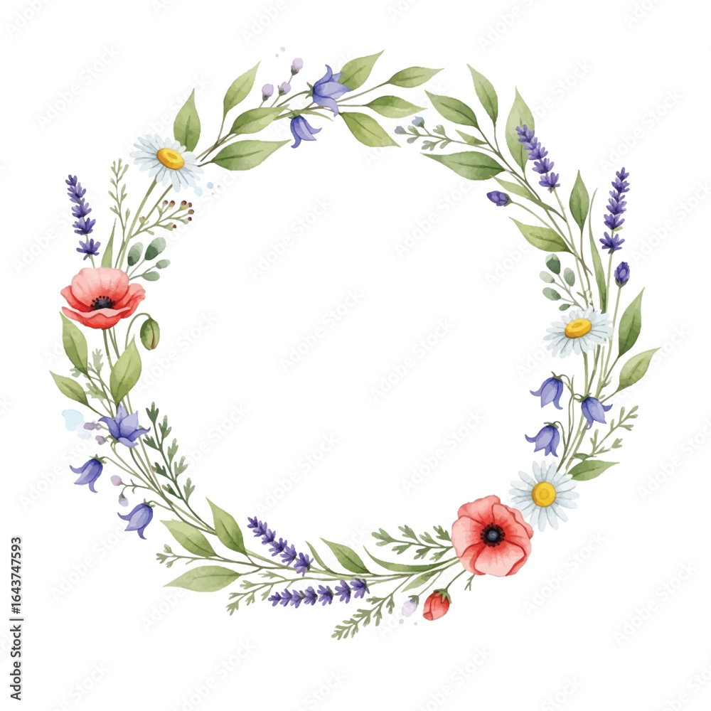 Fototapeta premium A watercolor flower arrangement in a circular shape with red poppy, white daisy, purple lavender, and bluebell.