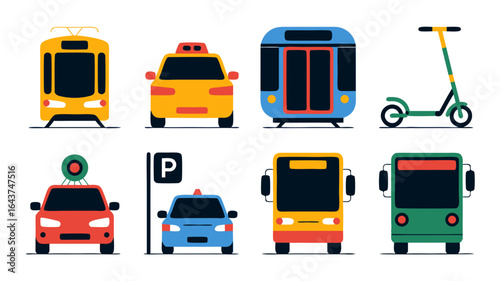 Assorted public transport vehicles featuring vector graphics and illustrations