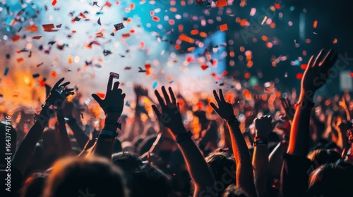 Crowd of concertgoers with raised hands