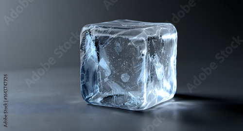 A close-up of a frozen ice cube on a dark surface, showing intricate ice patterns