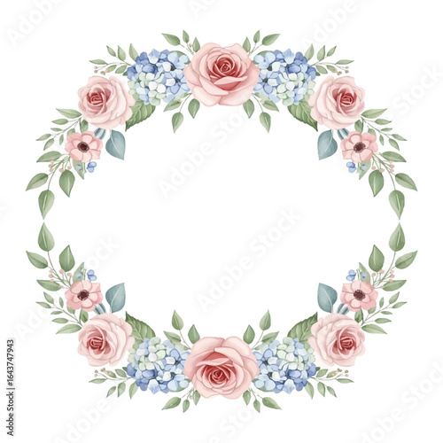A decorative oval floral wreath featuring soft pink roses, light blue hydrangeas, and green leaves painted in a watercolor style.