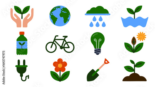 Ecology icons set representing environmental conservation and sustainability