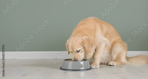 A dog eating from a bowl in a minimalist, light-colored room