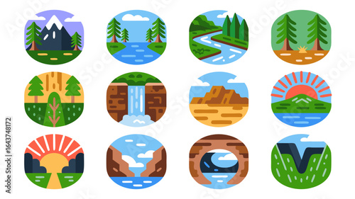 Minimalist landscape icons set featuring mountains, rivers, forests, and deserts