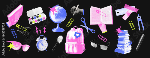 Back to school concept halftone collage. Trendy education duotone collage elements set. Globe, hand, backpack, paints, pen, books, glasses, pencil. Retro vector illustration.