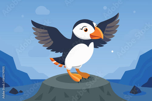 adorable puffin flapping wings on rocky shore  .eps