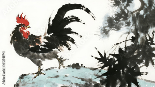 Traditional Ink Painting of a Rooster Perched on a Rock Near Pine Branches