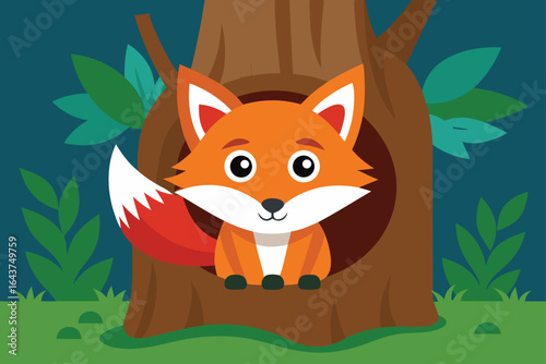 curious red fox peeking out of a tree hollow  .eps