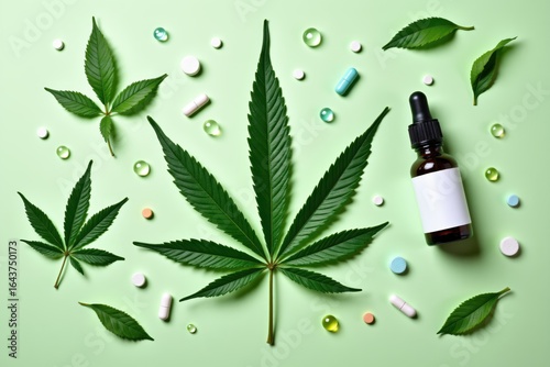 Cannabis Leaves with Pills and CBD Oil Dropper on Green Background