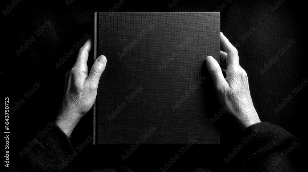 Naklejka premium Hands holding blank black book cover in black and white
