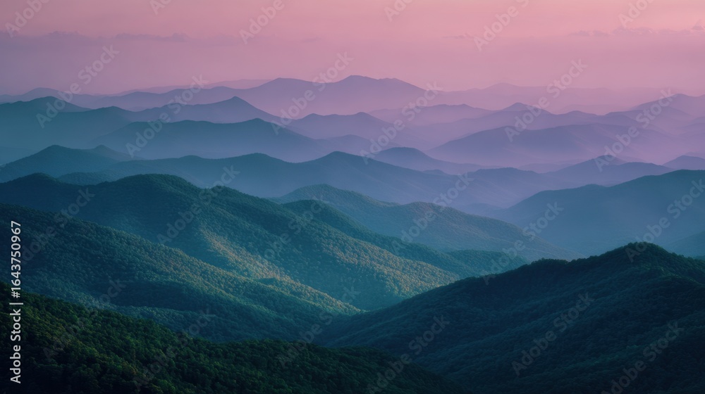 Rolling green mountain ranges fading into distant purple and pink hues under a soft twilight sk Rolling green mountain ranges fading into distant purple and pink hues under a soft twilight sk
