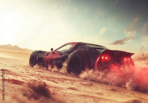 Sport Car Racing Through Desert Landscape at Sunset with Dust Clouds