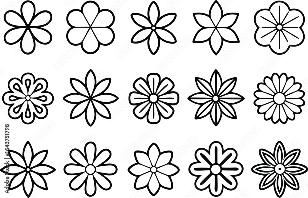 Obraz premium Collection of Fifteen Different Flower Icon Outlines Vector Illustration for Botanical Design and Decoration Resources
