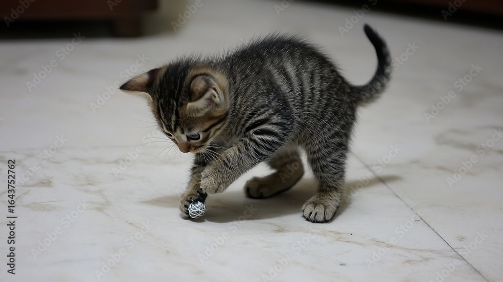 Naklejka premium Playful kitten chasing a small ball on a marble floor