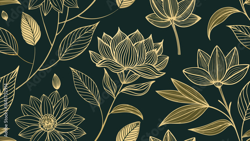 Elegant gold floral pattern with lotus flowers and leaves on dark background