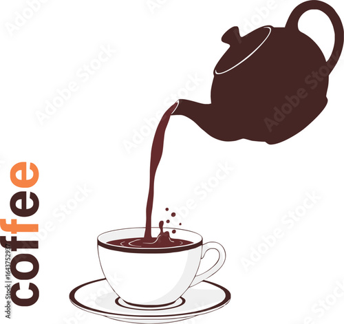 Pouring Coffee
 A minimalist illustration of a dark teapot pouring coffee into a white cup on a saucer. The coffee splashes slightly in the cup, creating a dynamic effect. The word "Coffee" is written