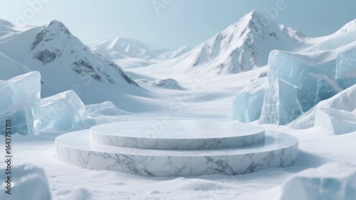 Marble Podium in a Snowy Landscape with Ice Crystals