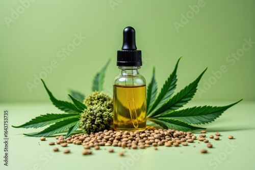 CBD Oil Bottle with Cannabis Leaves, Seeds and Buds on Green Background
