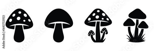 Four different mushroom silhouettes, minimal black and white mushroom, mushrooms vector illustration, simple toadstool shapes for decoration and branding.